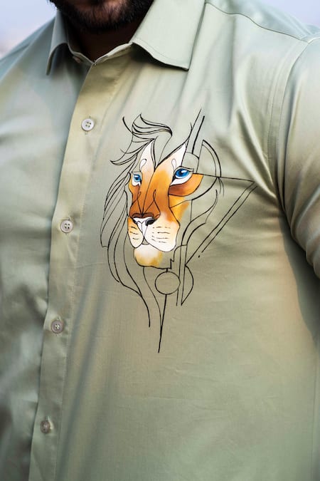 Buy Avalipt Green Cotton Blend Hand Painted Linear Lion Shirt Online at Aza Fashions Buy_Avalipt_Green Cotton Blend Hand Painted Linear Lion Shirt_Online_at_Aza_Fashions