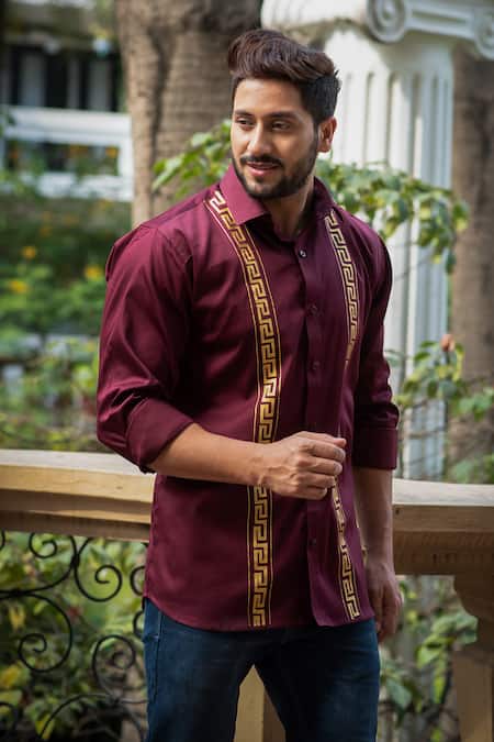 Shop_Avalipt_Maroon Cotton Blend Olympus Artwork Shirt_Online_at_Aza_Fashions