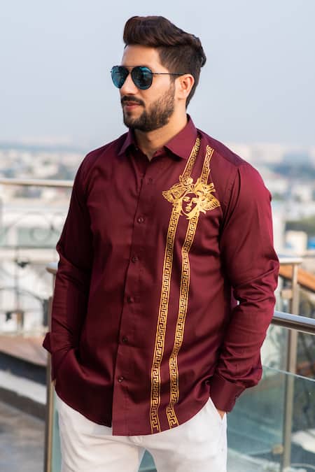 Avalipt Maroon Cotton Blend Patras Handpainted Shirt 