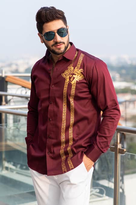 Avalipt Maroon Cotton Blend Patras Handpainted Shirt Online at Aza Fashions Avalipt_Maroon Cotton Blend Patras Handpainted Shirt_Online_at_Aza_Fashions