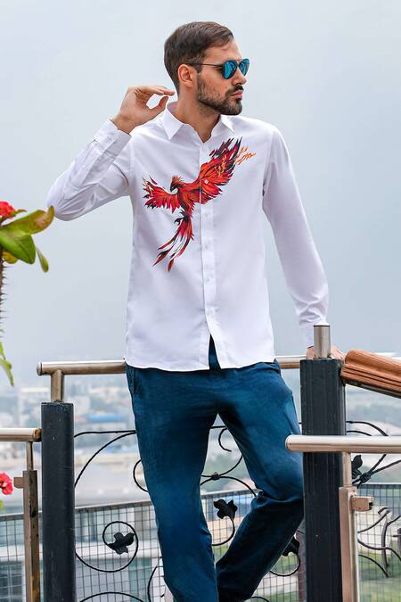 Shop Avalipt White Cotton Blend Phoenix Artwork Shirt at Aza Fashions Shop_Avalipt_White Cotton Blend Phoenix Artwork Shirt_at_Aza_Fashions