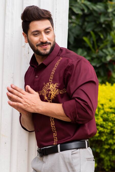 Avalipt_Maroon Cotton Blend Sparta Handpainted Shirt_Online_at_Aza_Fashions