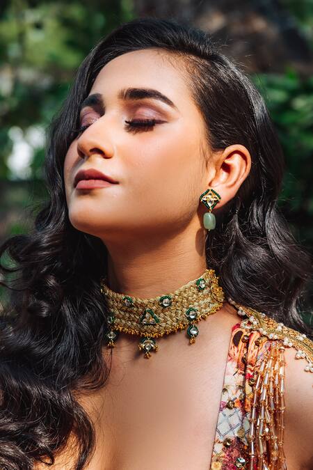 Buy Heer-House Of Jewellery Gold Plated Kundan Reshami Polki Necklace Set at Aza Fashions Buy_Heer-House Of Jewellery_Gold Plated Kundan Reshami Polki Necklace Set_at_Aza_Fashions