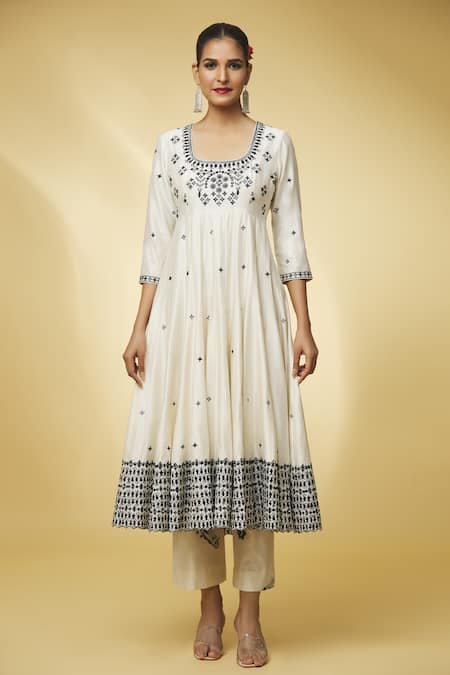 Buy Punit Balana Ivory Chanderi Silk, Handloom Cotton Embroidery, Mirrors Round Neck Anarkali Set Online at Aza Fashions Buy_Punit Balana_Ivory Chanderi Silk, Handloom Cotton Embroidery, Mirrors Round Neck Anarkali Set _Online_at_Aza_Fashions