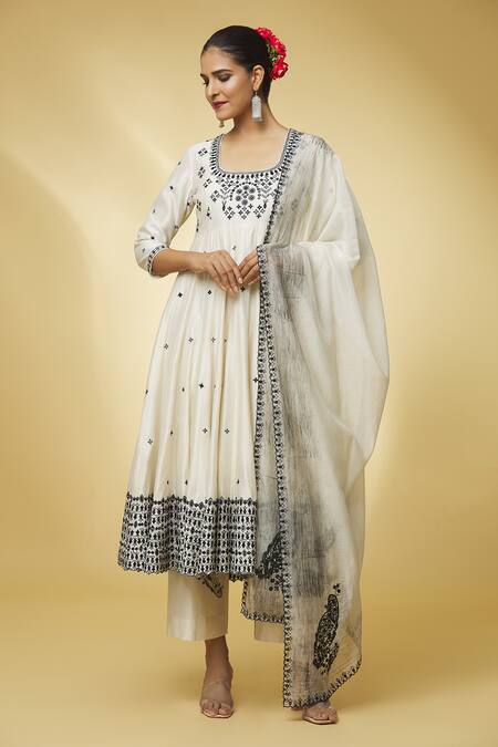 Shop Punit Balana Ivory Chanderi Silk, Handloom Cotton Embroidery, Mirrors Round Neck Anarkali Set Online at Aza Fashions Shop_Punit Balana_Ivory Chanderi Silk, Handloom Cotton Embroidery, Mirrors Round Neck Anarkali Set _Online_at_Aza_Fashions
