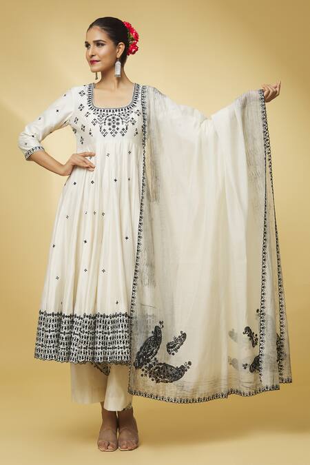 Punit Balana Ivory Chanderi Silk, Handloom Cotton Embroidery, Mirrors Round Neck Anarkali Set at Aza Fashions Punit Balana_Ivory Chanderi Silk, Handloom Cotton Embroidery, Mirrors Round Neck Anarkali Set _at_Aza_Fashions