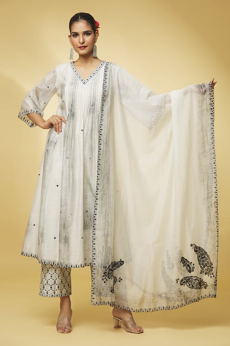Shop_Punit Balana_Ivory Silk, Handloom Cotton, Cut Work, Anarkali Set _Online_at_Aza_Fashions