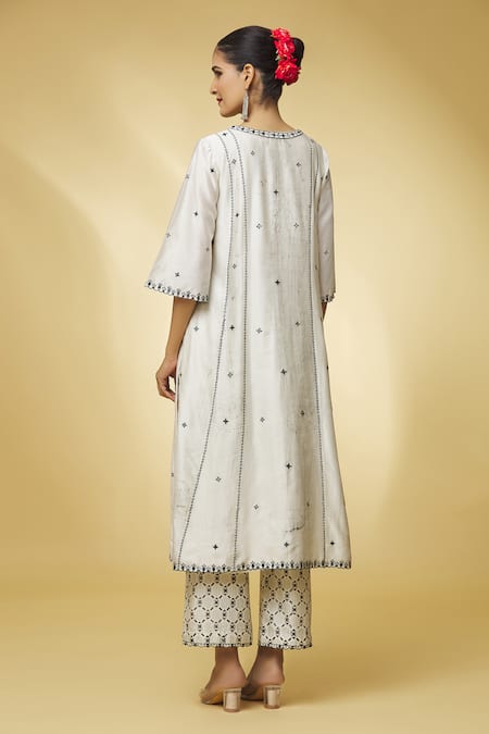 Punit Balana_Ivory Silk, Handloom Cotton, Embroidery, Cut Work Kurta Set _Online_at_Aza_Fashions