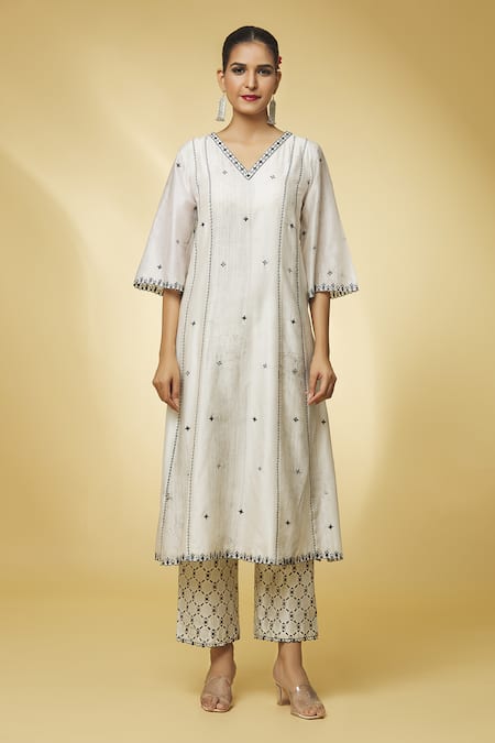 Buy_Punit Balana_Ivory Silk, Handloom Cotton, Embroidery, Cut Work Kurta Set _Online_at_Aza_Fashions