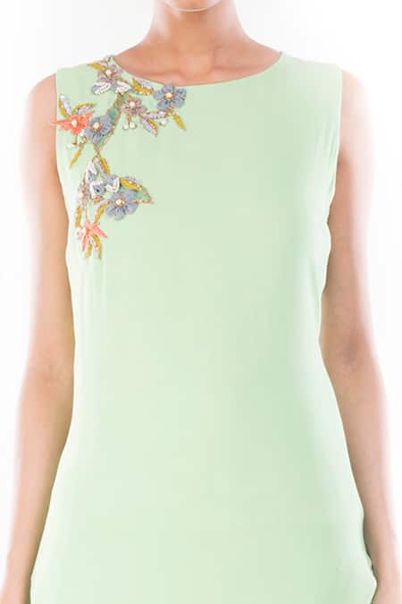 Smriti By Anju Agarwal_Green Georgette Cut Work, Aabha Asymmetric Embroidered Tunic And Palazzo Set _Online_at_Aza_Fashions