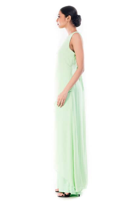 Buy_Smriti By Anju Agarwal_Green Georgette Cut Work, Aabha Asymmetric Embroidered Tunic And Palazzo Set _Online_at_Aza_Fashions