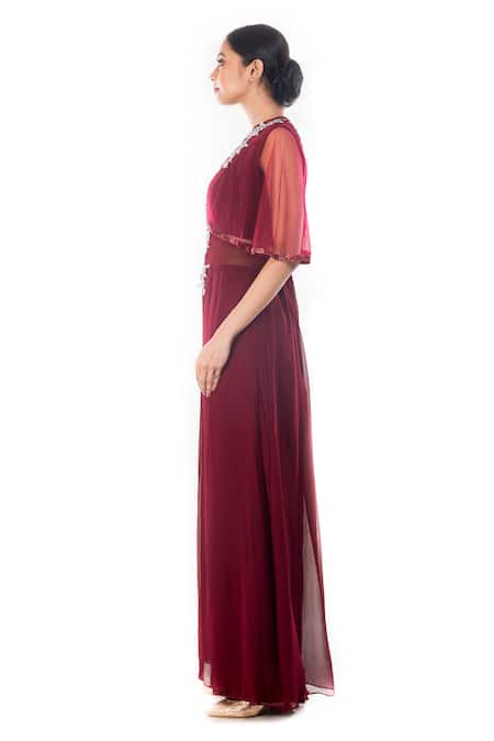 Buy_Smriti By Anju Agarwal_Maroon Chiffon Sequins, Cut Work Round Neck Ambika And Cutdana Embroidered Gown _Online_at_Aza_Fashions