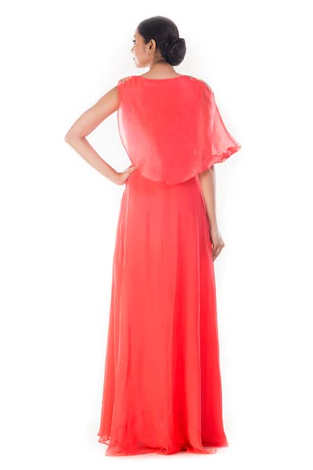 Shop Smriti By Anju Agarwal Peach Chiffon Pearls, Embroidery Round Neck Dhara Floral Gown at Aza Fashions Shop_Smriti By Anju Agarwal_Peach Chiffon Pearls, Embroidery Round Neck Dhara Floral Gown _at_Aza_Fashions