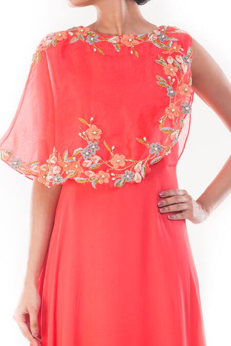 Smriti By Anju Agarwal Peach Chiffon Pearls, Embroidery Round Neck Dhara Floral Gown Online at Aza Fashions Smriti By Anju Agarwal_Peach Chiffon Pearls, Embroidery Round Neck Dhara Floral Gown _Online_at_Aza_Fashions