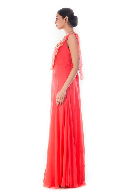 Buy Smriti By Anju Agarwal Peach Chiffon Pearls, Embroidery Round Neck Dhara Floral Gown Online at Aza Fashions Buy_Smriti By Anju Agarwal_Peach Chiffon Pearls, Embroidery Round Neck Dhara Floral Gown _Online_at_Aza_Fashions