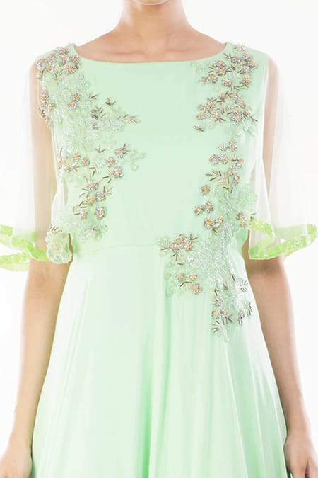 Smriti By Anju Agarwal_Green Net, Georgette Embroidery Round Neck Saanvi Floral Gown _Online_at_Aza_Fashions