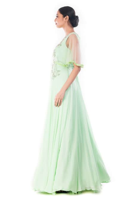 Buy_Smriti By Anju Agarwal_Green Net, Georgette Embroidery Round Neck Saanvi Floral Gown _Online_at_Aza_Fashions