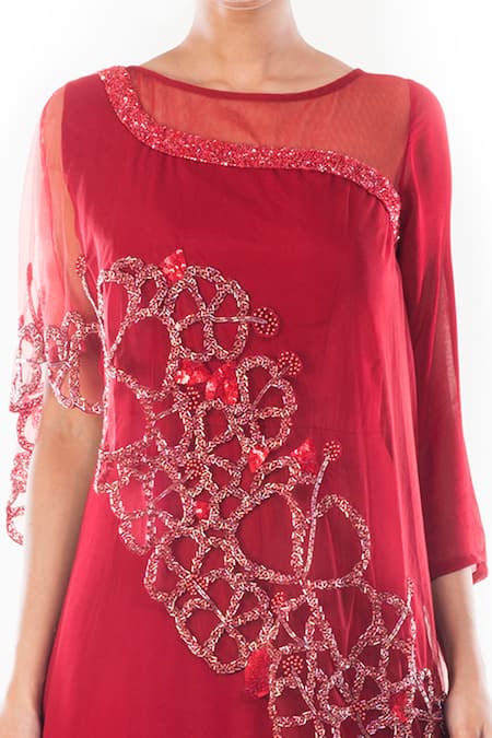 Smriti By Anju Agarwal Maroon Net, Georgette Beads, Cut Work Round Neck Bhavna Embroidered Cape Gown Online at Aza Fashions Smriti By Anju Agarwal_Maroon Net, Georgette Beads, Cut Work Round Neck Bhavna Embroidered Cape Gown _Online_at_Aza_Fashions