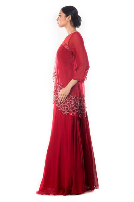 Buy Smriti By Anju Agarwal Maroon Net, Georgette Beads, Cut Work Round Neck Bhavna Embroidered Cape Gown Online at Aza Fashions Buy_Smriti By Anju Agarwal_Maroon Net, Georgette Beads, Cut Work Round Neck Bhavna Embroidered Cape Gown _Online_at_Aza_Fashions