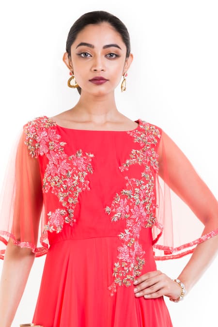 Smriti By Anju Agarwal Pink Net, Georgette Embroidery Boat Neck Reva Cape Gown Online at Aza Fashions Smriti By Anju Agarwal_Pink Net, Georgette Embroidery Boat Neck Reva Cape Gown _Online_at_Aza_Fashions