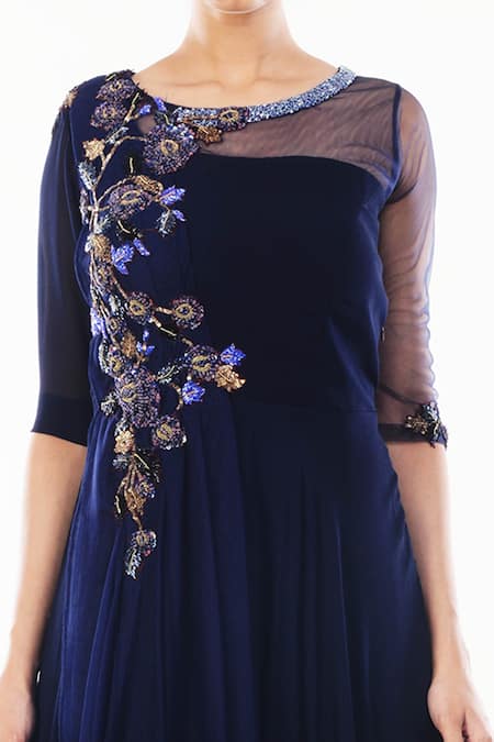 Smriti By Anju Agarwal_Blue Net, Georgette Sequins, Cut Shamya Embroidered Gown With Attached Dupatta _Online_at_Aza_Fashions