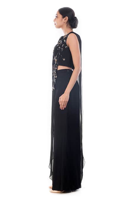 Buy_Smriti By Anju Agarwal_Black Georgette Cut Work, Sequins Tilaa Embroidered Cape Kurta And Palazzo Set _Online_at_Aza_Fashions
