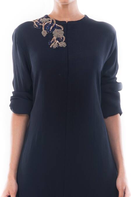 Smriti By Anju Agarwal Blue Crepe, Georgette Cut Work, Sequins Round Neck Kavya Long Tunic And Pant Set Online at Aza Fashions Smriti By Anju Agarwal_Blue Crepe, Georgette Cut Work, Sequins Round Neck Kavya Long Tunic And Pant Set _Online_at_Aza_Fashions