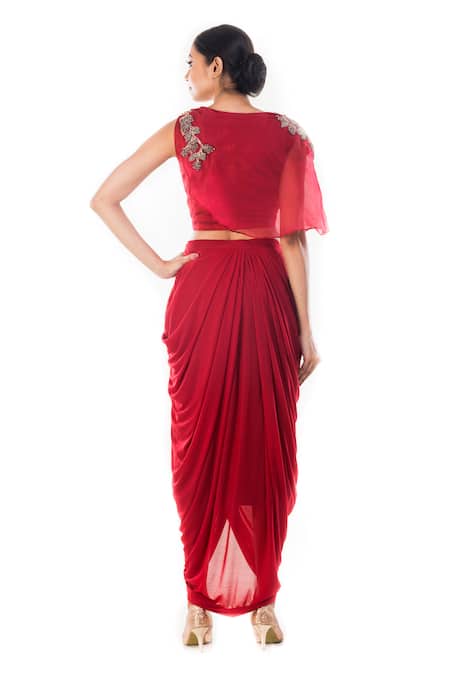Shop_Smriti By Anju Agarwal_Maroon Organza, Silk, Lycra, Net, Satin Saaira Crop Top And Draped Skirt Set _at_Aza_Fashions