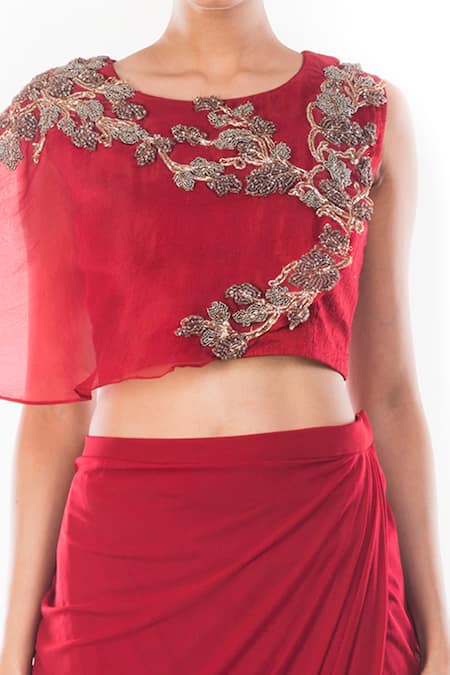 Smriti By Anju Agarwal_Maroon Organza, Silk, Lycra, Net, Satin Saaira Crop Top And Draped Skirt Set _Online_at_Aza_Fashions
