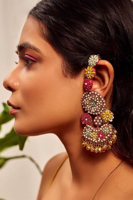 Shop Kanyaadhan By Dhirajaayushi Multi Color Sequins, Beads Ghungroo Drop Dangler Earrings at Aza Fashions Shop_Kanyaadhan By Dhirajaayushi_Multi Color Sequins, Beads Ghungroo Drop Dangler Earrings _at_Aza_Fashions