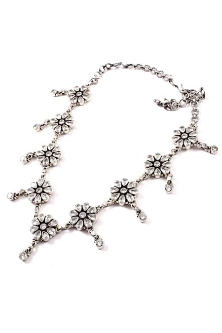 Buy_Noor_Silver Plated Stone Floral Carved Necklace _Online_at_Aza_Fashions
