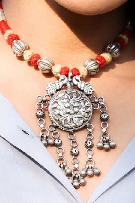 Noor Silver Plated Thread Oxidized Floral And Ghungroo Pendant 