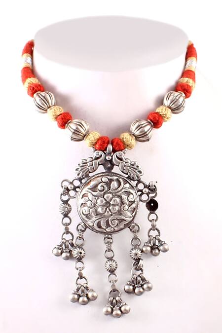 Shop_Noor_Silver Plated Oxidized Floral And Ghungroo Thread Pendant_at_Aza_Fashions