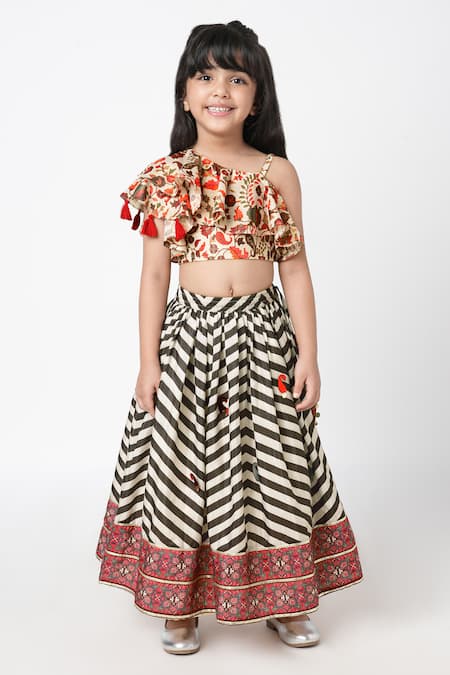 LIL DRAMA Chevron Print Lehenga With Ruffle Top 