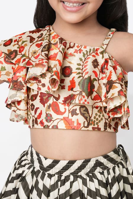 Shop Lil Drama Multi Color Polyester, Muslin Embroidery Chevron Print Lehenga With Ruffle Top Online at Aza Fashions Shop_Lil Drama_Multi Color Polyester, Muslin Embroidery Chevron Print Lehenga With Ruffle Top _Online_at_Aza_Fashions