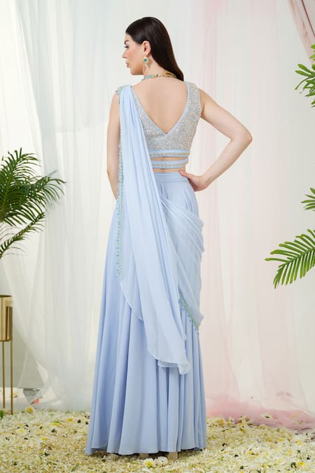 Tamaraa By Tahani_Blue Georgette Sequins, Orla Pre-draped Saree With Hand Embroidered Blouse Set _Online_at_Aza_Fashions