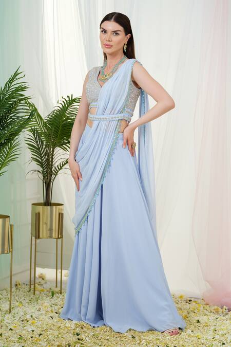 Shop_Tamaraa By Tahani_Blue Georgette Sequins, Orla Pre-draped Saree With Hand Embroidered Blouse Set _Online_at_Aza_Fashions