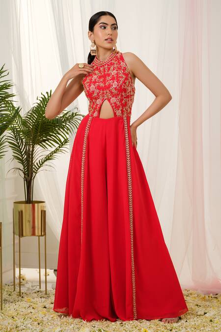 Tamaraa By Tahani_Red Georgette Sequins Round Neck Lyric Hand Embroidered Yoke Jumpsuit _Online_at_Aza_Fashions