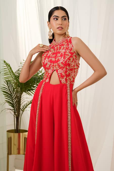Buy_Tamaraa By Tahani_Red Georgette Sequins Round Neck Lyric Hand Embroidered Yoke Jumpsuit _Online_at_Aza_Fashions