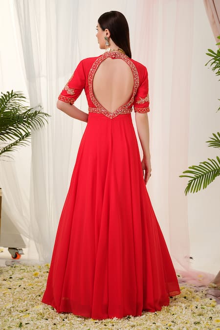 Shop_Tamaraa By Tahani_Red Georgette, Silk Sequins, Vermilion Placement Hand Anarkali With Dupatta _at_Aza_Fashions