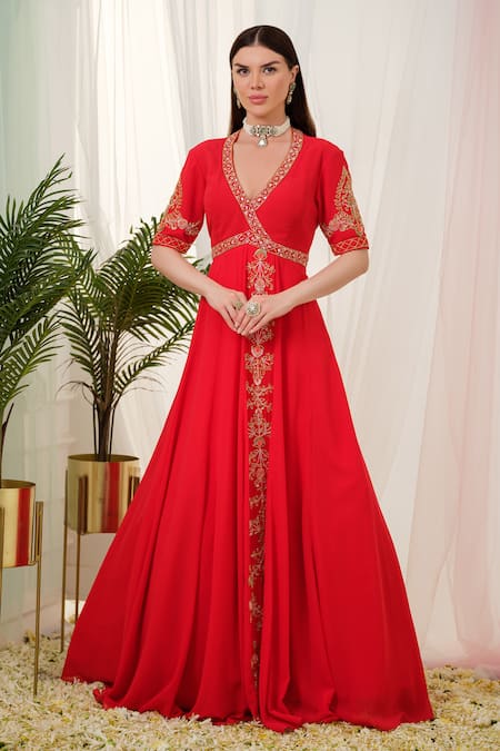 Tamaraa By Tahani_Red Georgette, Silk Sequins, Vermilion Placement Hand Anarkali With Dupatta _Online_at_Aza_Fashions