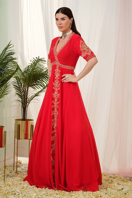 Buy_Tamaraa By Tahani_Red Georgette, Silk Sequins, Vermilion Placement Hand Anarkali With Dupatta _Online_at_Aza_Fashions