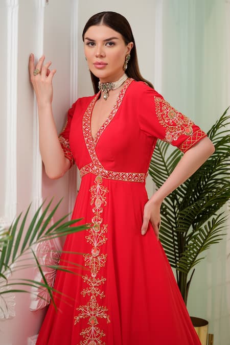 Shop_Tamaraa By Tahani_Red Georgette, Silk Sequins, Vermilion Placement Hand Anarkali With Dupatta _Online_at_Aza_Fashions