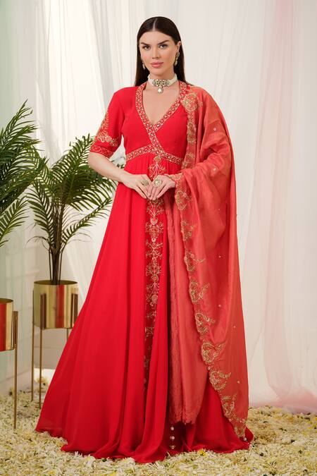 Tamaraa By Tahani_Red Georgette, Silk Sequins, Vermilion Placement Hand Anarkali With Dupatta _at_Aza_Fashions