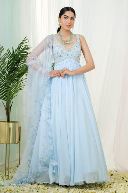 Buy_Tamaraa By Tahani_Blue Georgette, Tulle Beads, Lumos Hand Embroidered Yoke Anarkali With Dupatta _Online_at_Aza_Fashions