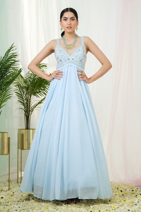 Shop_Tamaraa By Tahani_Blue Georgette, Tulle Beads, Lumos Hand Embroidered Yoke Anarkali With Dupatta _Online_at_Aza_Fashions