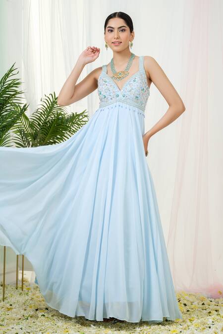 Tamaraa By Tahani_Blue Georgette, Tulle Beads, Lumos Hand Embroidered Yoke Anarkali With Dupatta _at_Aza_Fashions