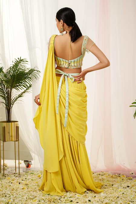 Shop_Tamaraa By Tahani_Yellow Georgette, Taffeta, Silk Beads, Sylva Pre-draped Saree And Hand Blouse _at_Aza_Fashions