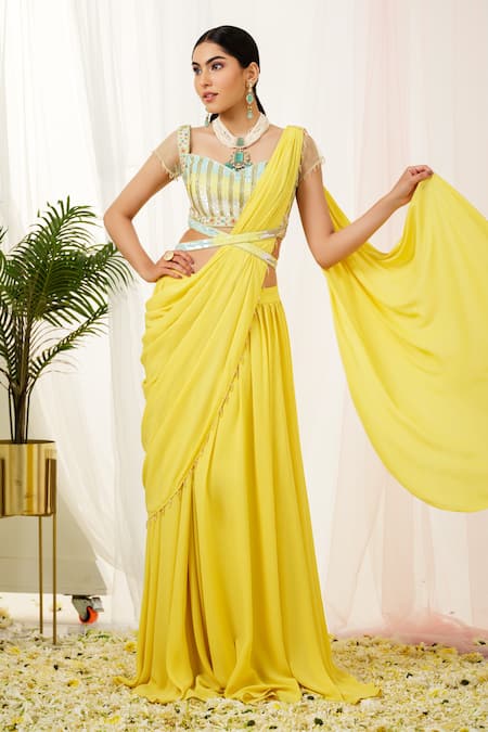 Tamaraa By Tahani_Yellow Georgette, Taffeta, Silk Beads, Sylva Pre-draped Saree And Hand Blouse _Online_at_Aza_Fashions
