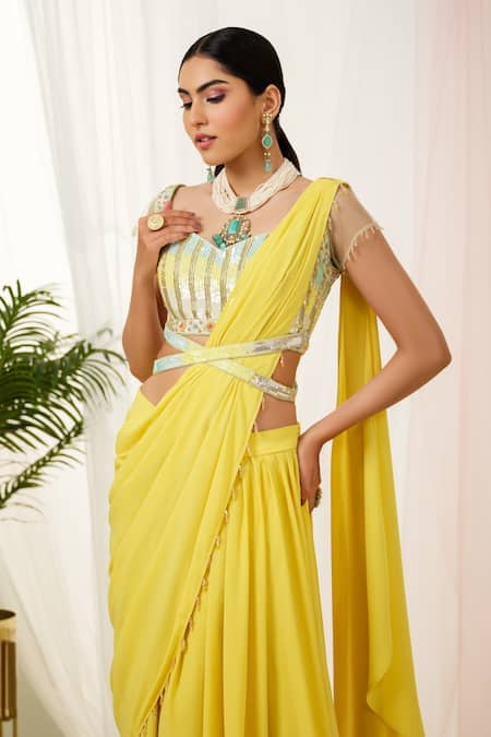 Buy_Tamaraa By Tahani_Yellow Georgette, Taffeta, Silk Beads, Sylva Pre-draped Saree And Hand Blouse _Online_at_Aza_Fashions